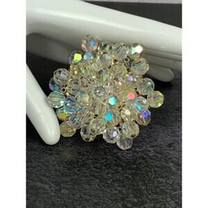 Aurora Borealis Crystal Beaded Brooch Super Charming Silver Tone Frame Vintage